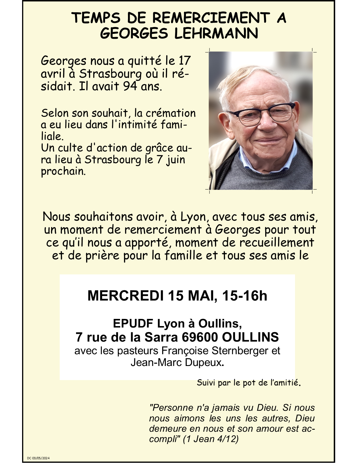 Georges Lehrmann, temp de remerciement, le Mercredi 15 Mai à 15h00 à la Sarra